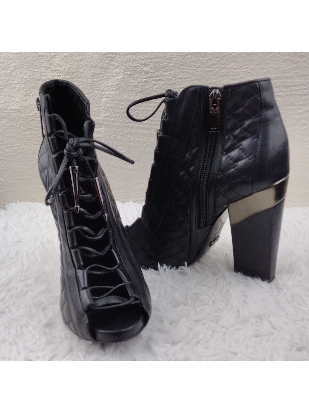 SCHULTZ Black Quilted Leather Upper Lace Up Peep Toe Stiletto Heel Ankle Boot
